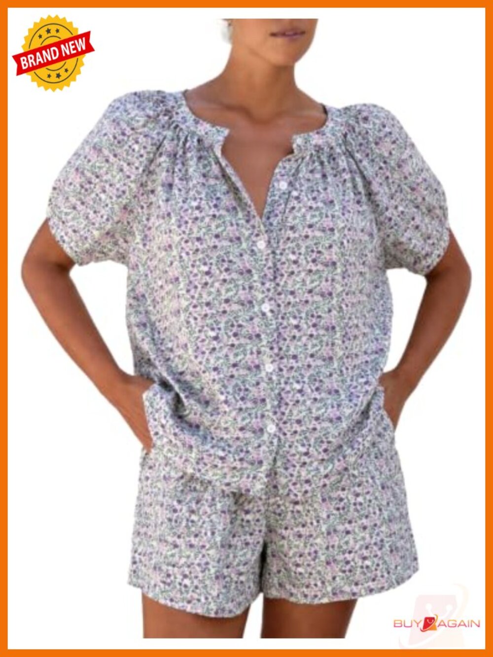 100% Cotton Short Sleeve Pajama Set with Pockets Floral